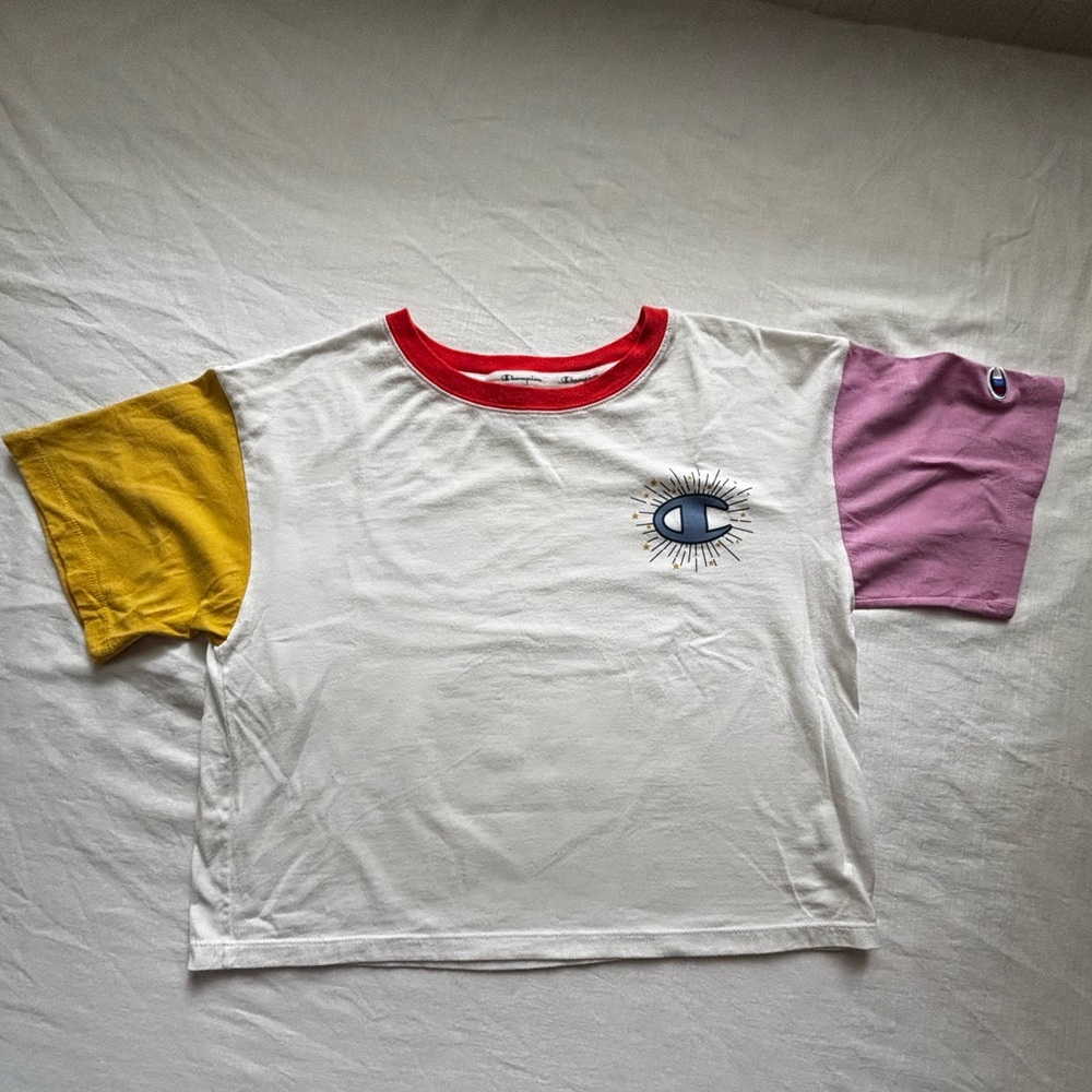 Champion White and Yellow Short Sleeve Crop Top